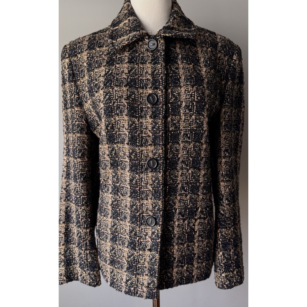 Vintage Harlan Tweed Blazer Jacket Wool Blend Brown Plaid Gold Thread Size 12